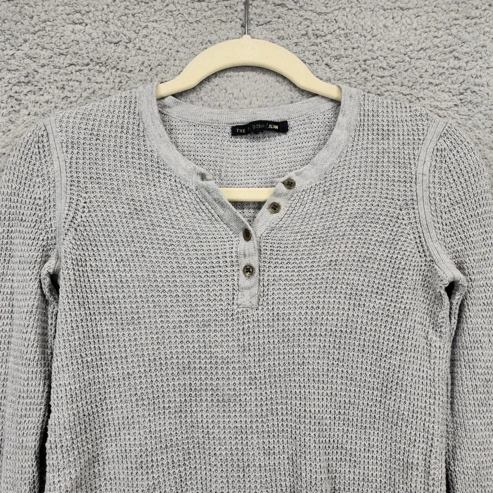 Rag & Bone JEAN Womens XS Heather Gray Waffle Knit Henley Thermal Sweater‎ Top